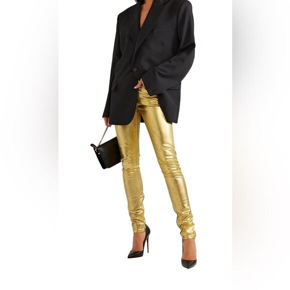 TRE Natalie Ratabesi Gold Edith Metallic Coated Slim Jeans Low Rise Sz 26 NWT - Picture 2 of 8